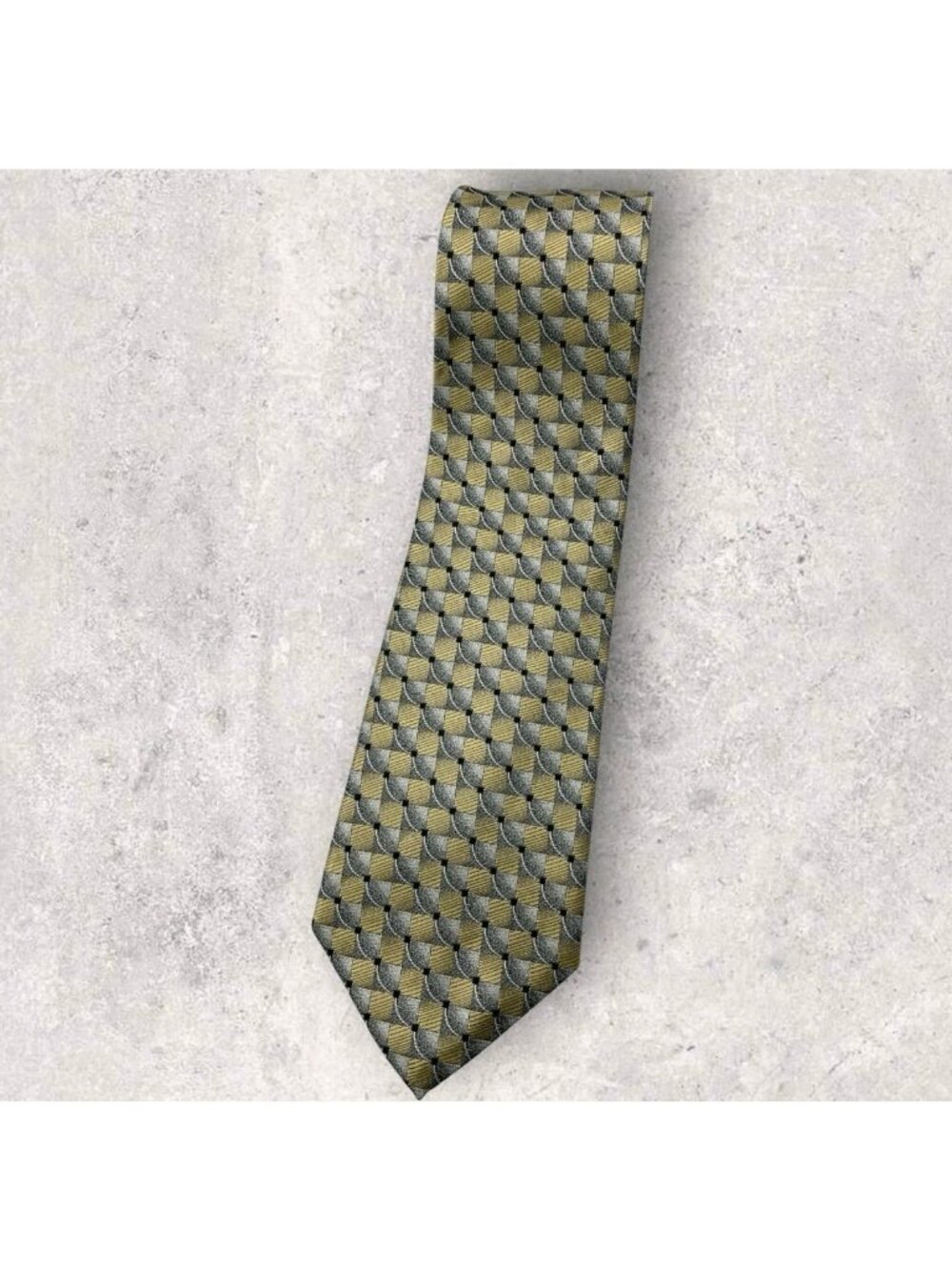 BURMA BIBAS Silk Tie Gold Gray Geometric W:4.1"